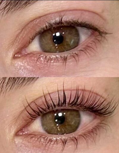 Before and after lash lift treatment showing dramatically lifted and curled lashes on green eyes by Monique Powers.
