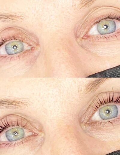 Before and after eyelash lift showing natural lashes transformed with dramatic curl and length, blue-green eyes.