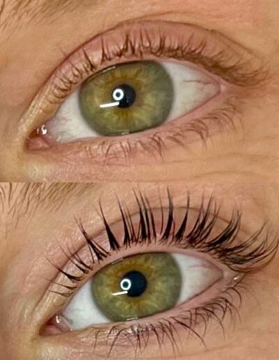 Before and after eyelash lift showing dramatic curl and length enhancement on hazel eyes