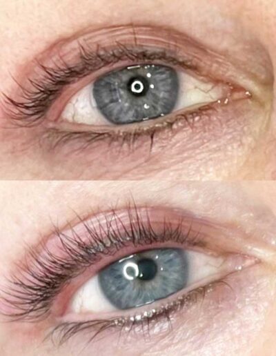 Before and after lash lift results showing lifted, curled lashes with beautiful blue eyes at Monique Powers salon.
