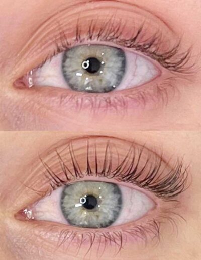 Before and after lash lift results showing natural lashes transformed with dramatic curl and lift, blue-grey eyes closeup.