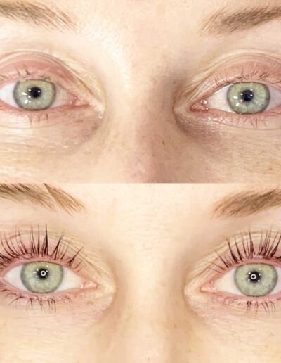 Before and after lash lift showing dramatic curl and length enhancement on green eyes, natural to stunning transformation.
