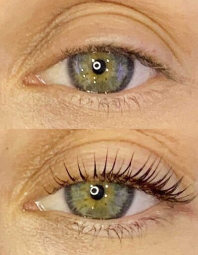 Before and after lash lift results showing dramatic curl and lift on green eyes at Monique Powers salon.