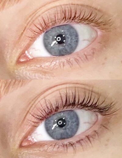 blue eyes before and after a lash lift at Monique Powers Beauty Boutique Santa Monica