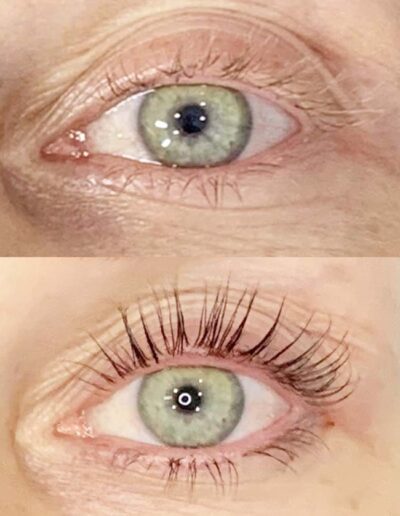 grey-blue eyes before and after a lash lift in Santa Monica showing separated, lifted lashes