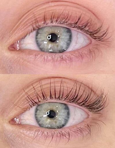 green eyes before and after a lash lift by Monique Powers in Santa Monica