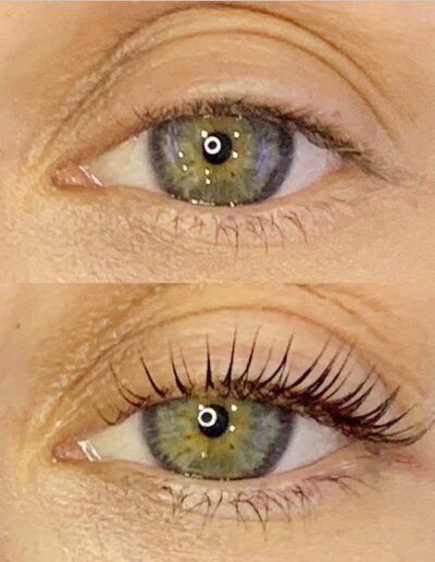 hazel-green eyes before and after a lash lift performed by Monique Powers